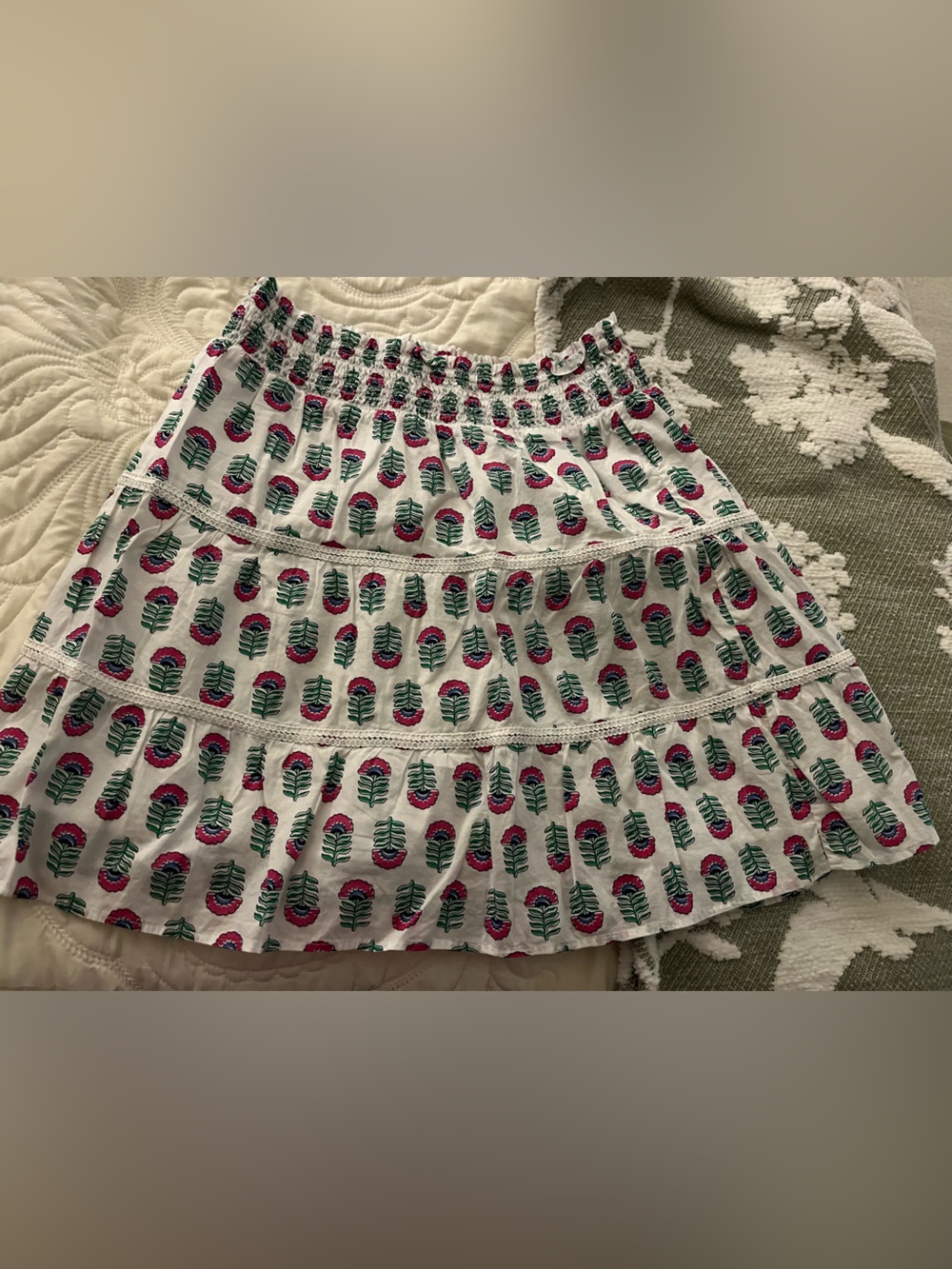 J. Crew Smocked tiered mini skirt with Pink & Green Flor size small - Picture 9 of 9